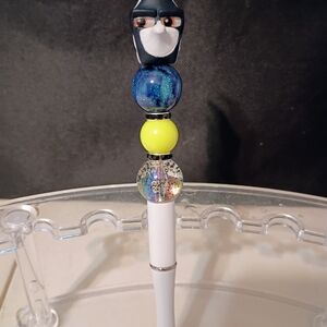 White and Blue Beaded Pen with Owl Topper